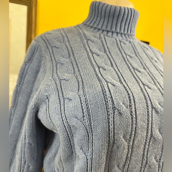 Land’s End Women's Blue Cable Knit Turtleneck Sweater - Picture 5 of 11